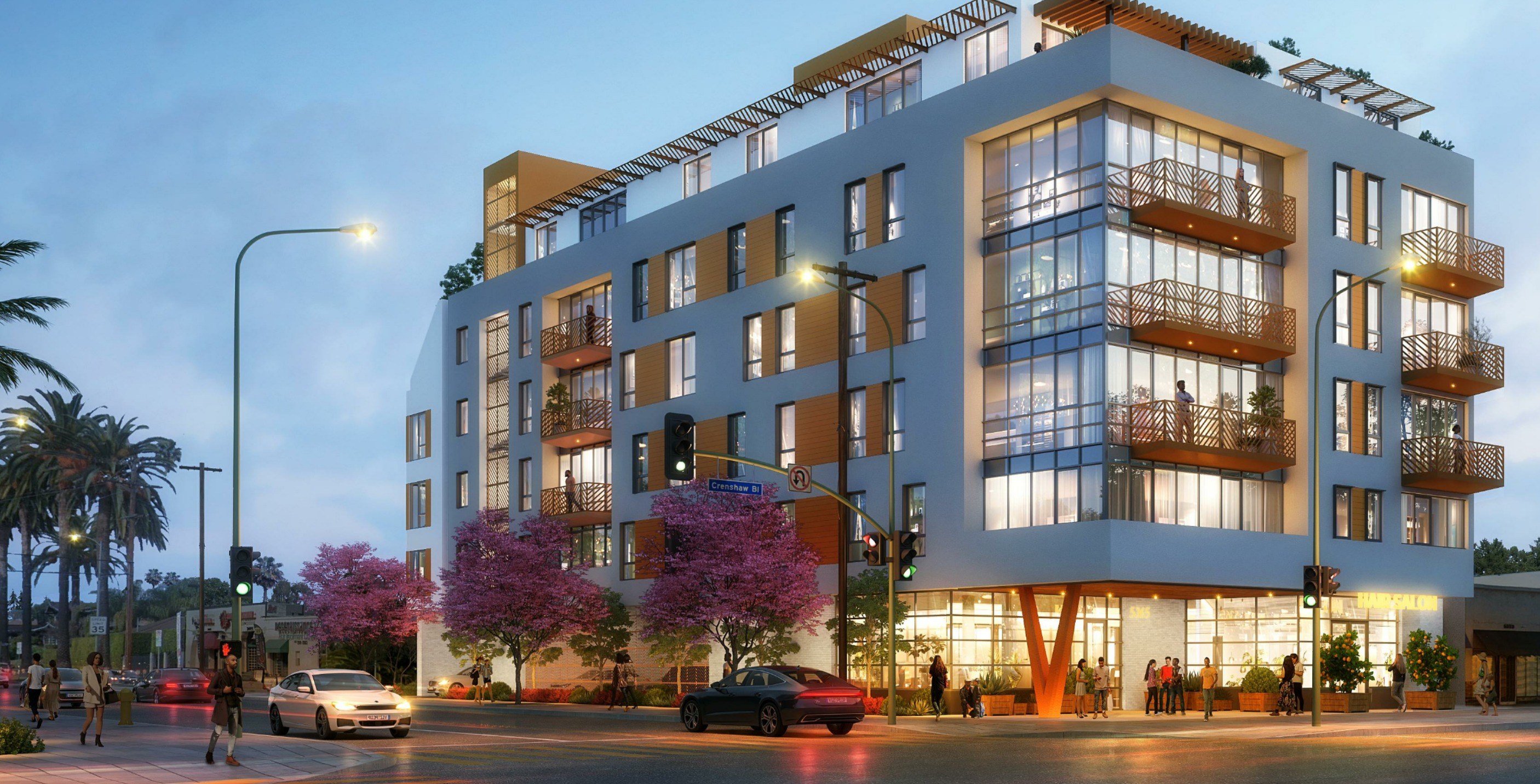 Rendering of The Clark on 54th, a six-story mixed-use building at Crenshaw Boulevard and 54th Street at dusk